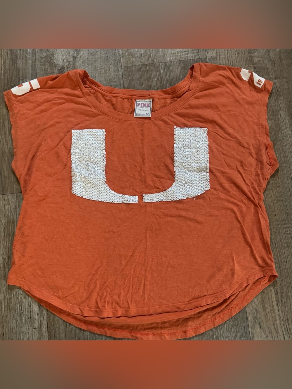 Pink University Of Miami Drop Shoulder Bling Tee Size Medium Orange White